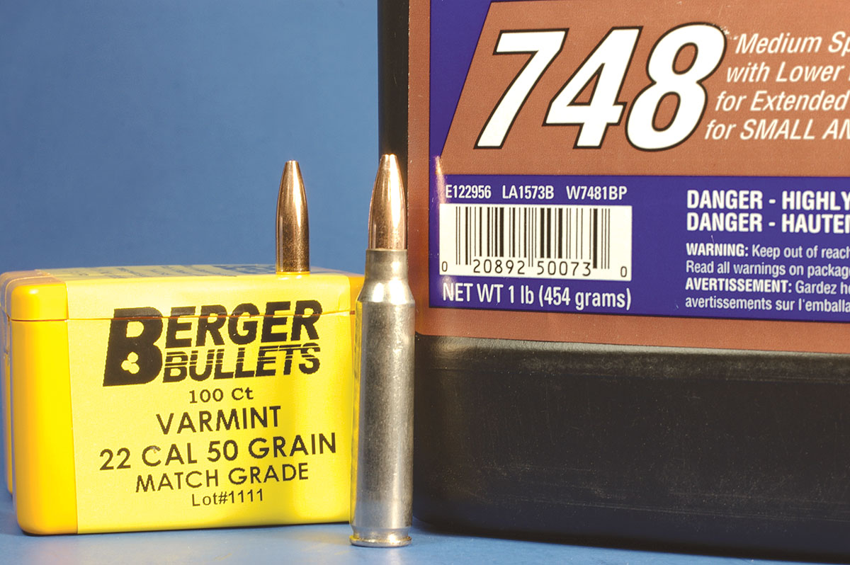 Winchester 748 and Berger 50-grain Varmint bullets make an accurate pair in the 223 Remington.